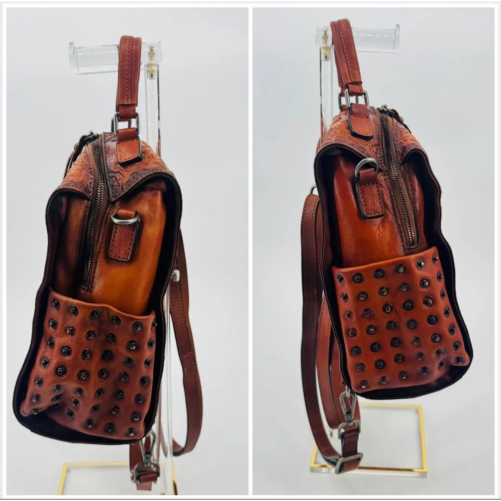 Brown Tooled Embossed Leather 3 in 1 Backpack Crossbody Shoulder Bag